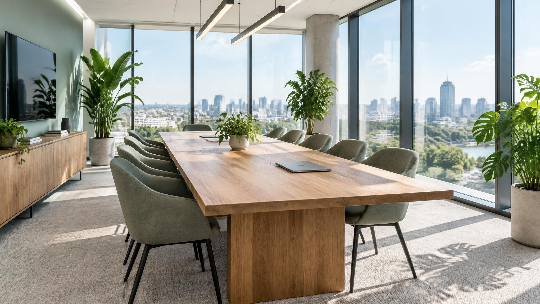 Modern bright office interior with large windows and a meeting table