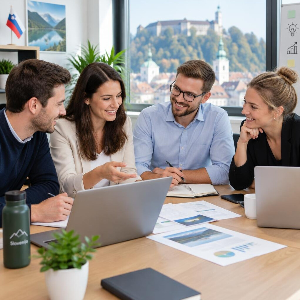 Team of colleagues working together around a table with laptops