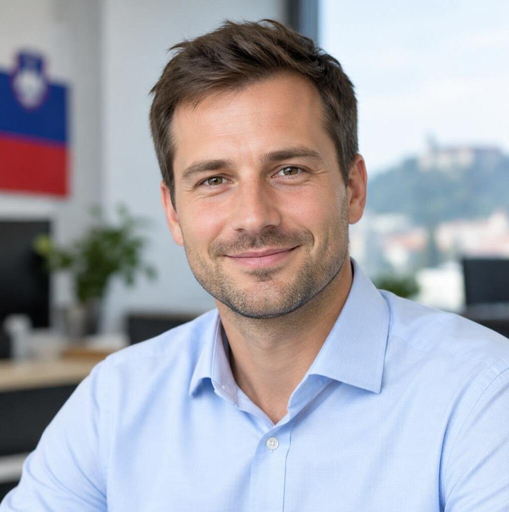 Portrait of a smiling man with short hair and a light shirt