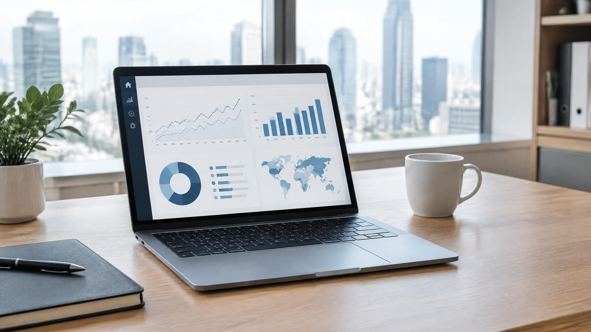 Laptop with analytics charts on a desk in a modern office