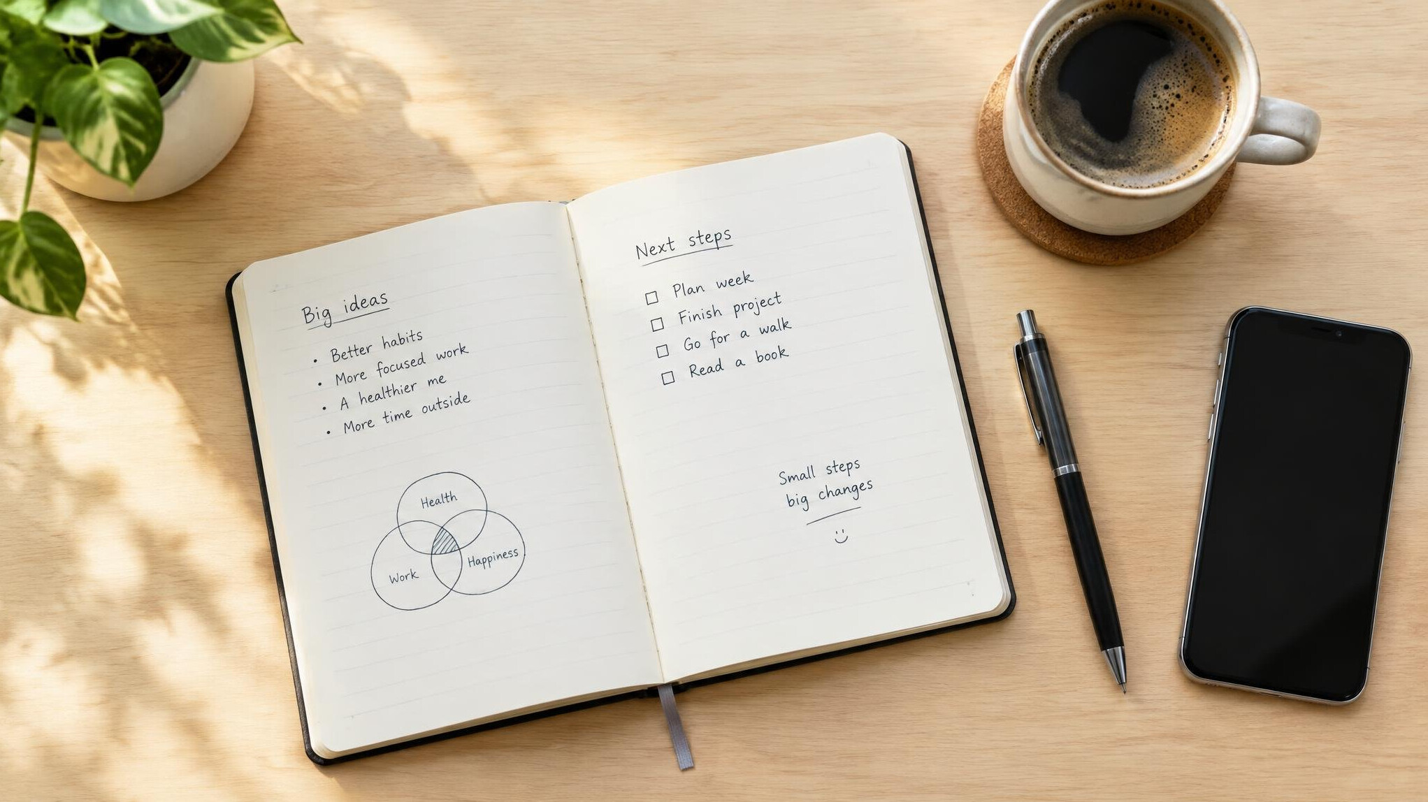 Open notebook with handwritten notes, coffee cup and smartphone on a table