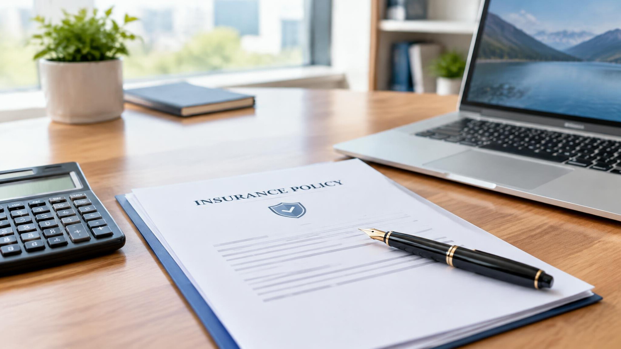 Insurance contract documents with a pen and laptop on a wooden desk