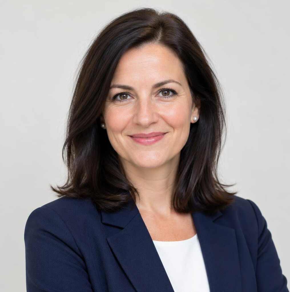 Portrait of a smiling businesswoman with dark hair in a blazer