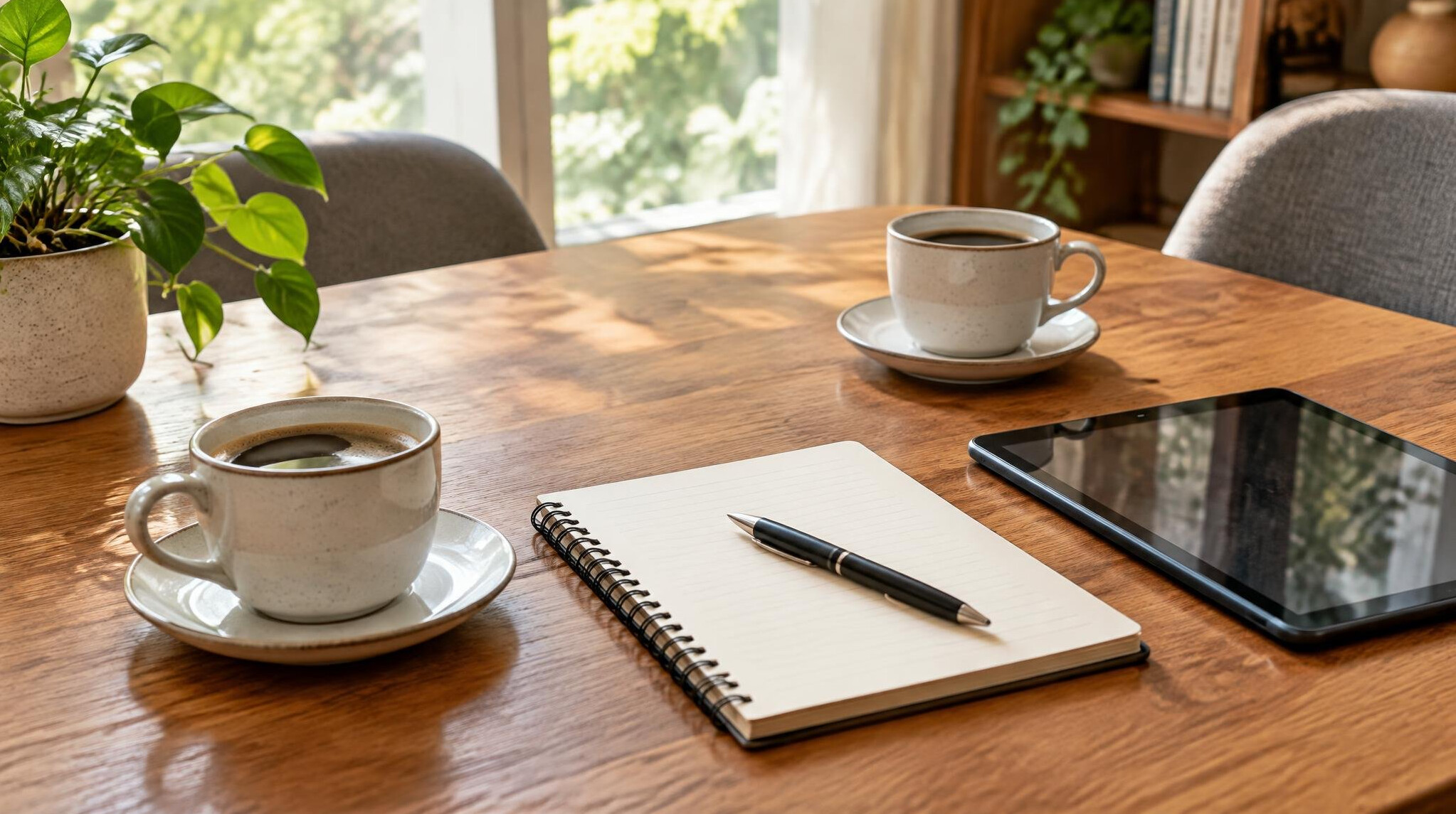 Two cups of coffee and a notebook on a table prepared for a one-on-one meeting